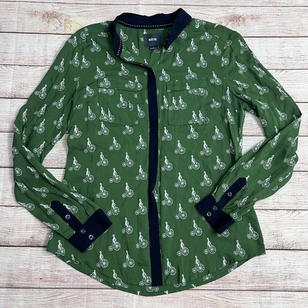 Anthropologie Maeve Green Bicycle Print Button-Down Blouse |‎ Size 2 |